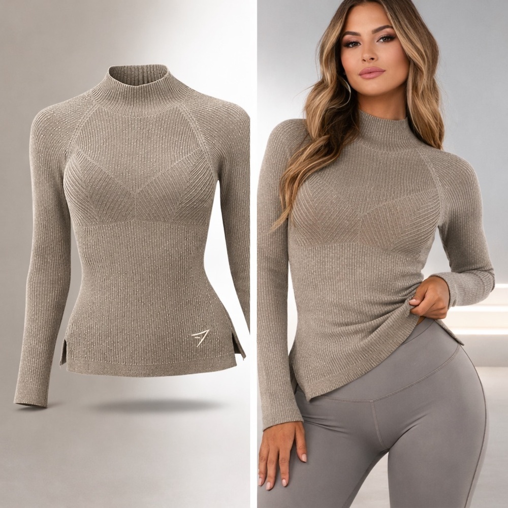Gymshark Taupe Ribbed Seamless Mock Neck Long Sleeve Top XL Stretch